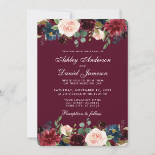 Convite WB de Casamento Elegante Azul Borgonha