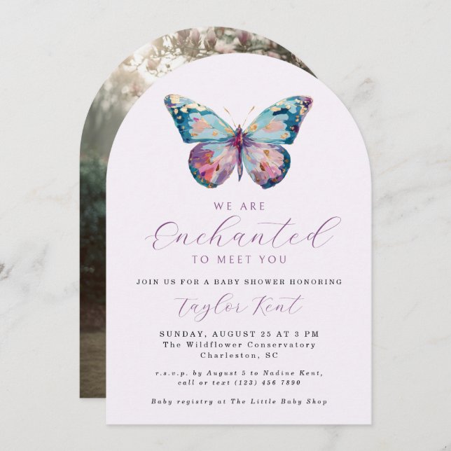 Convite We are Enchanted To Meet You Butterfly Baby Shower (Frente/Verso)