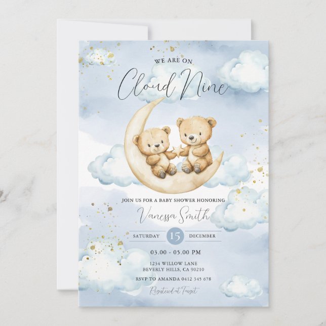 Convite We Are On Cloud Nine Blue Bear Baby Shower  (Frente)