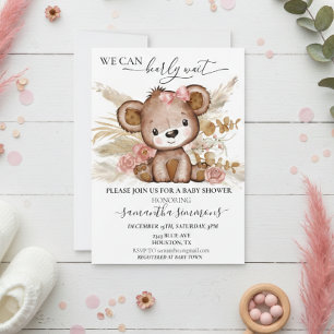 Convite We Can Bearly Wait Baby Shower Bear  Boho PInk