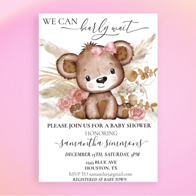 Convite We Can Bearly Wait Baby Shower Bear  Boho PInk (Criador carregado)