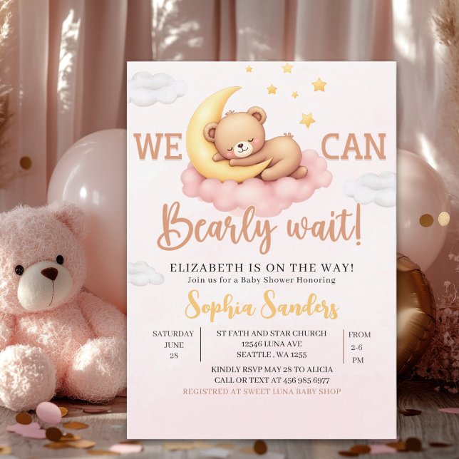 Convite We Can Bearly Wait Baby Shower Pink Bear (Criador carregado)