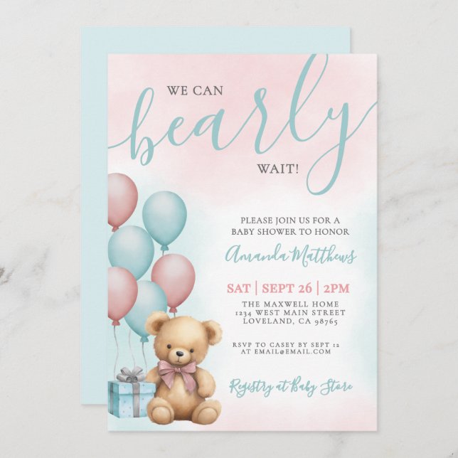 Convite We Can Bearly Wait Bear Baby Shower (Frente/Verso)