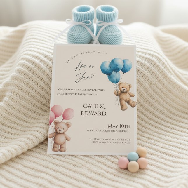 Convite We Can Bearly Wait Bear Balloons Gender Reveal (Gender reveal invitation with teddy bears and balloons on soft beige blanket with blue booties)