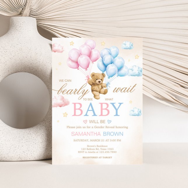 Convite We Can Bearly Wait Bear Gender Reveal  (Bear Balloon He or She Gender Reveal Invitation)