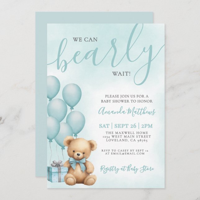 Convite We Can Bearly Wait Blue Bear Baby Shower (Frente/Verso)