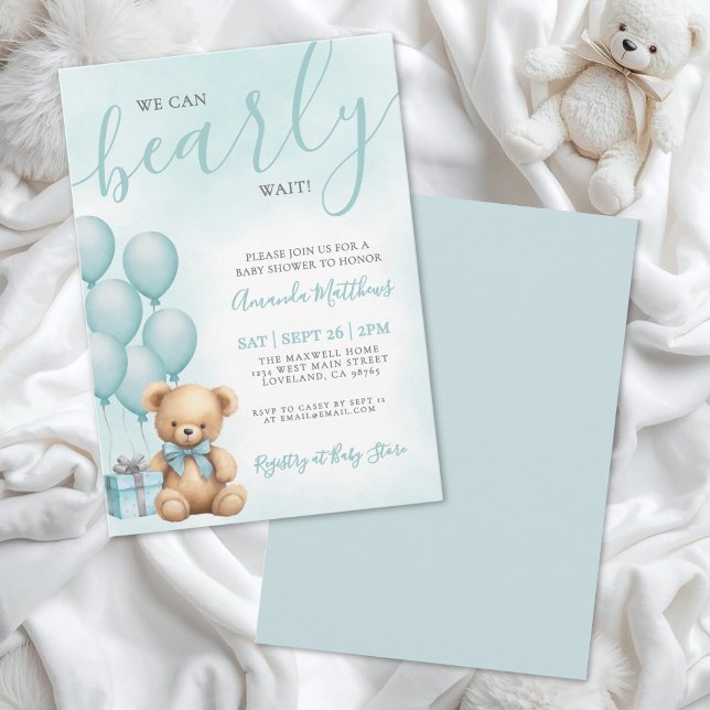 Convite We Can Bearly Wait Blue Bear Baby Shower (We Can Bearly Wait Blue Bear Baby Shower Invitation)