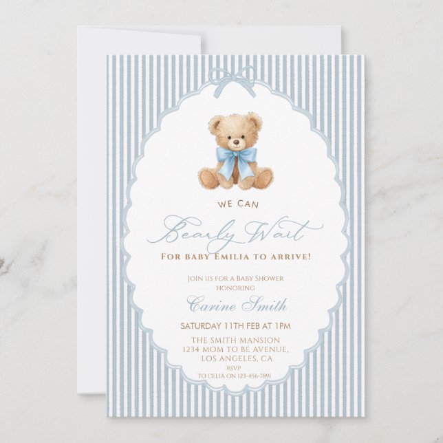 Convite We Can Bearly Wait blue bow Boy Baby Shower (Frente)