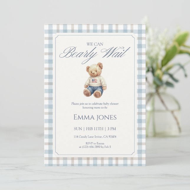 Convite We Can Bearly Wait Blue Gingham baby shower (Em pé/Frente)