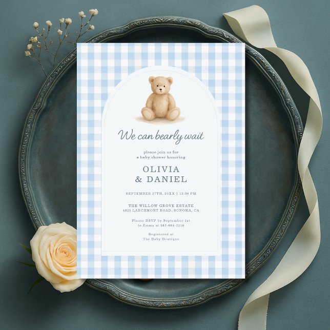Convite We Can Bearly Wait Blue Gingham Baby Shower (Criador carregado)