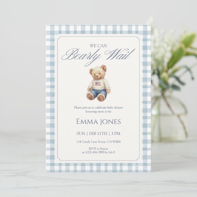 Convite We Can Bearly Wait Blue Gingham pattern shower (Em pé/Frente)