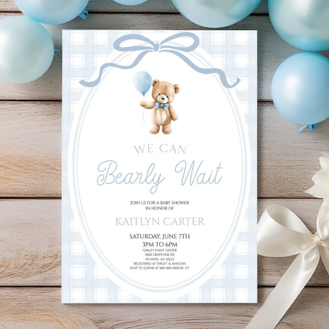 Convite We Can Bearly Wait Blue Teddy Bear Baby Shower (Criador carregado)