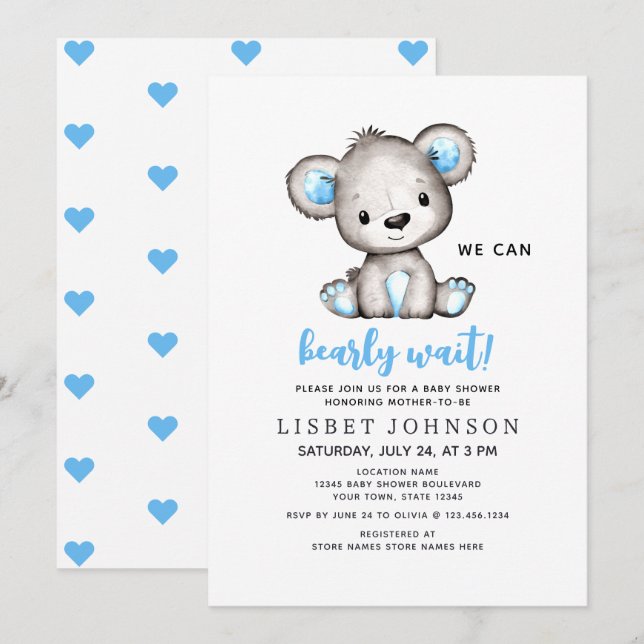 Convite We Can Bearly Wait Blue Teddy Bear Baby Shower (Frente/Verso)