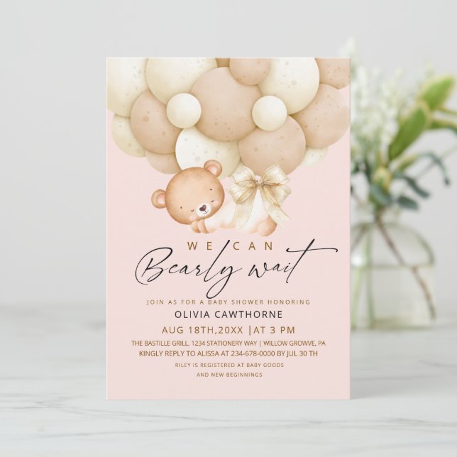 Convite We can Bearly Wait Blush Pink Baby Shower   (Em pé/Frente)