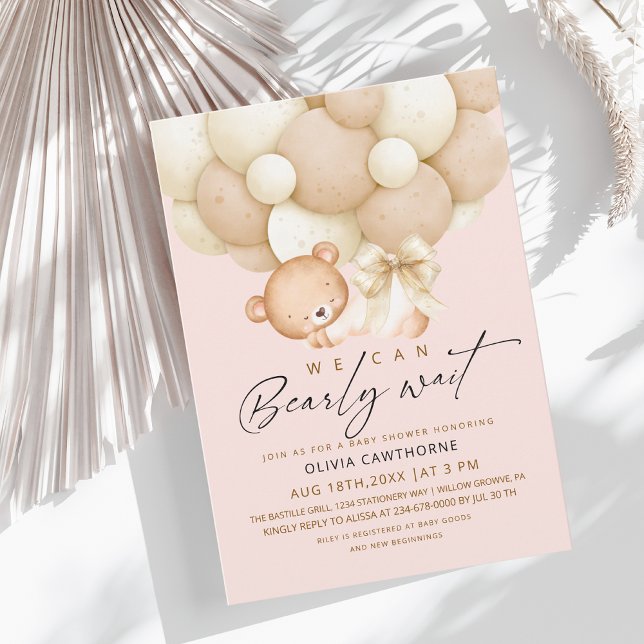 Convite We can Bearly Wait Blush Pink Baby Shower   (Criador carregado)