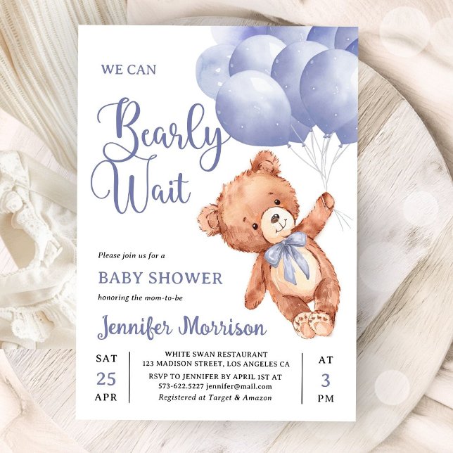 Convite We Can Bearly Wait Boy Blue Teddy Bear Baby Shower (Criador carregado)