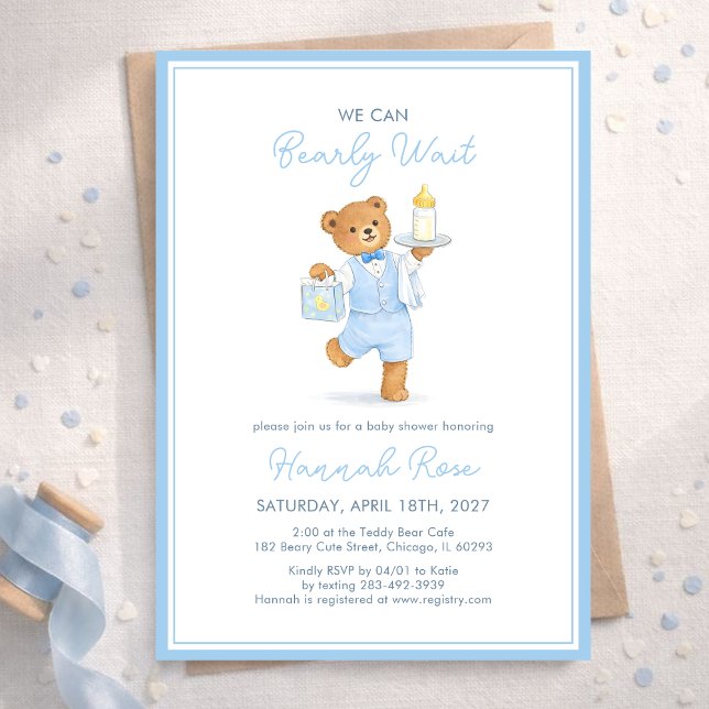 Convite We Can Bearly Wait Cute Blue Boy Teddy Baby Shower (Criador carregado)