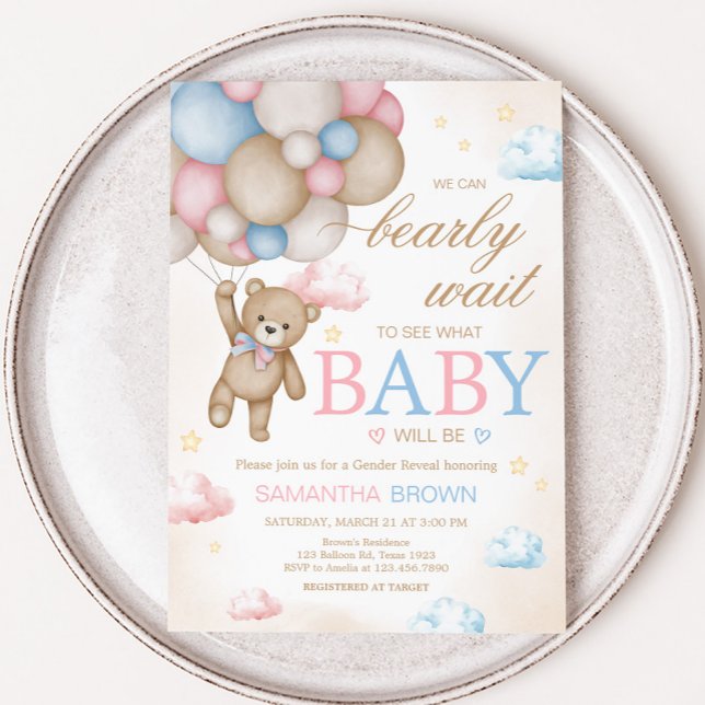Convite We Can Bearly Wait Gender Reveal  (Bear Balloon He or She Gender Reveal Invitation)