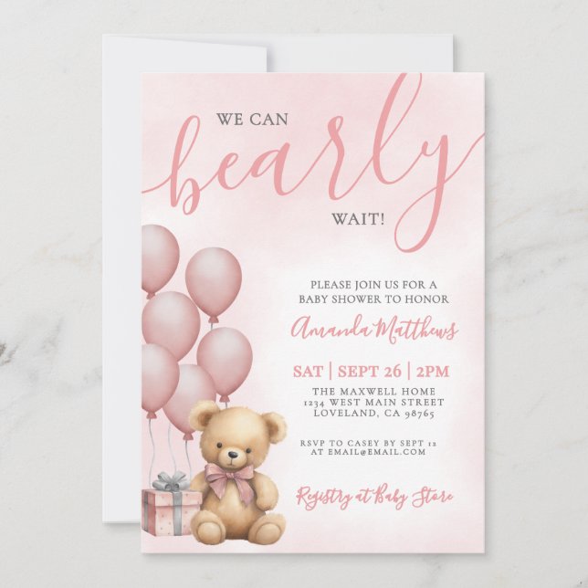 Convite We Can Bearly Wait Girl Pink Bear Baby Shower (Frente)