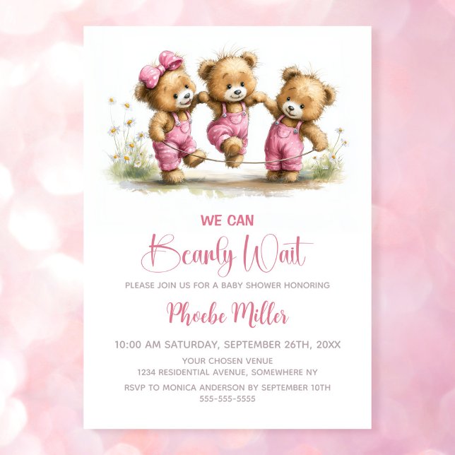 Convite We Can Bearly Wait Girl Teddy Bears Baby Shower (Criador carregado)