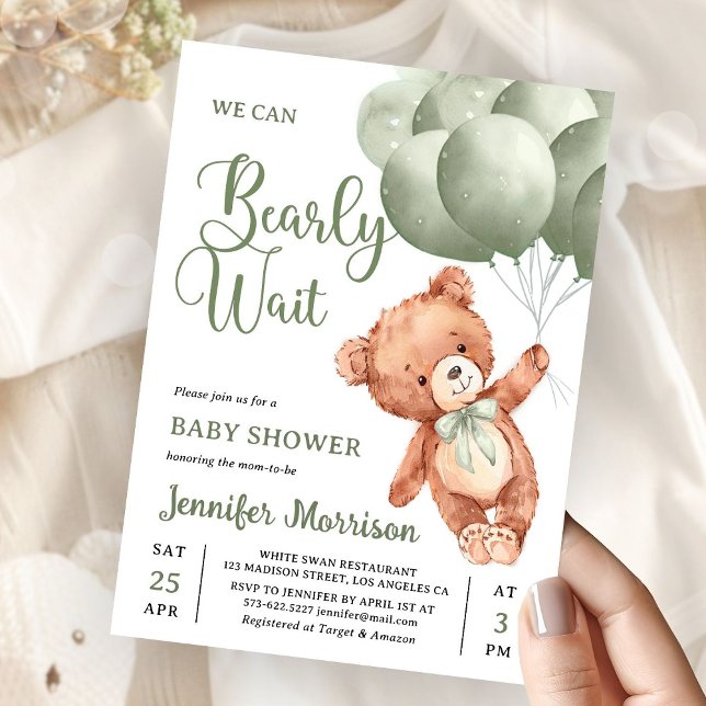Convite We Can Bearly Wait Green Teddy Bear Baby Shower (Criador carregado)