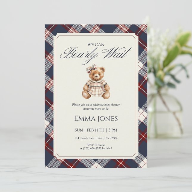 Convite We Can Bearly Wait Navy Plaid Bear Baby Shower (Em pé/Frente)