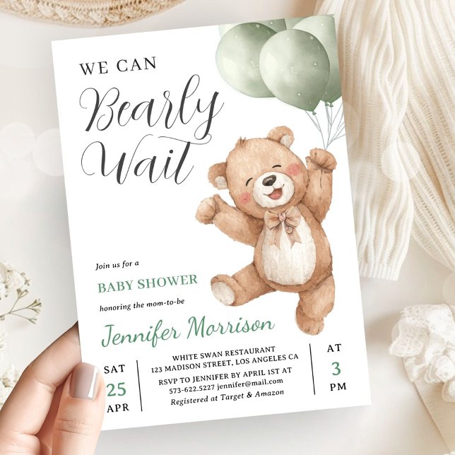 Convite We Can Bearly Wait Neutral Teddy Bear Baby Shower (Criador carregado)