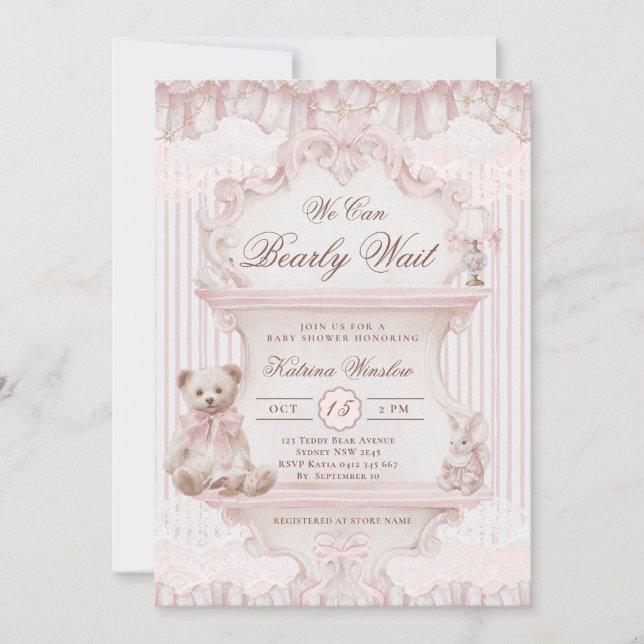 Convite We Can Bearly Wait Nursery Girl Baby Shower (Frente)