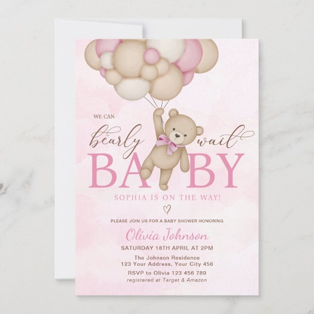 Convite We Can Bearly Wait Pink Baby Shower (Frente)