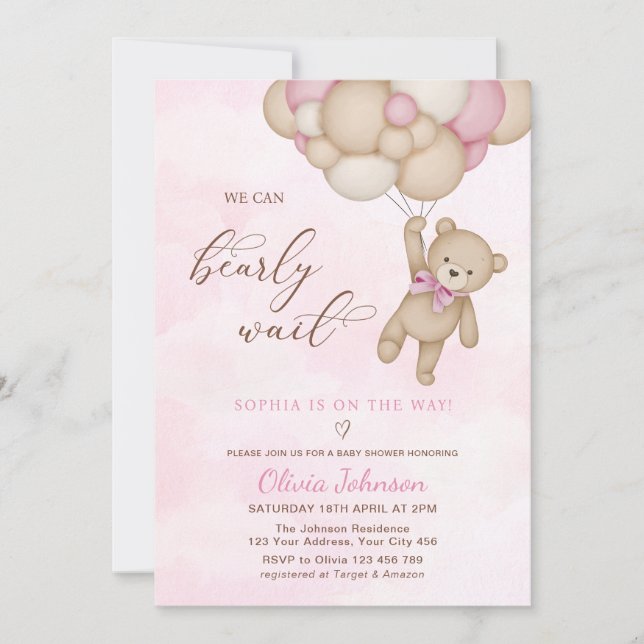 Convite We Can Bearly Wait Pink Baby Shower (Frente)