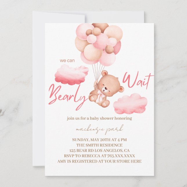 Convite We Can Bearly Wait Pink Bear Baby Shower  (Frente)