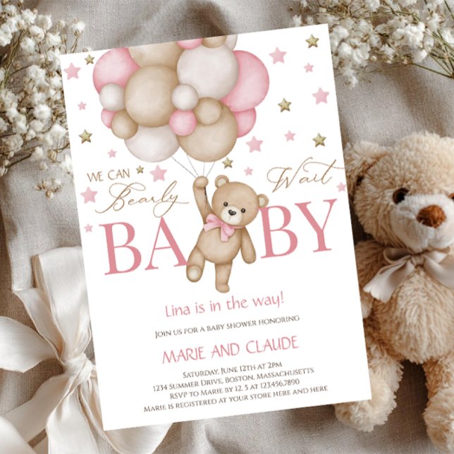 Convite We can Bearly Wait Pink&beige Balloons baby shower (Criador carregado)