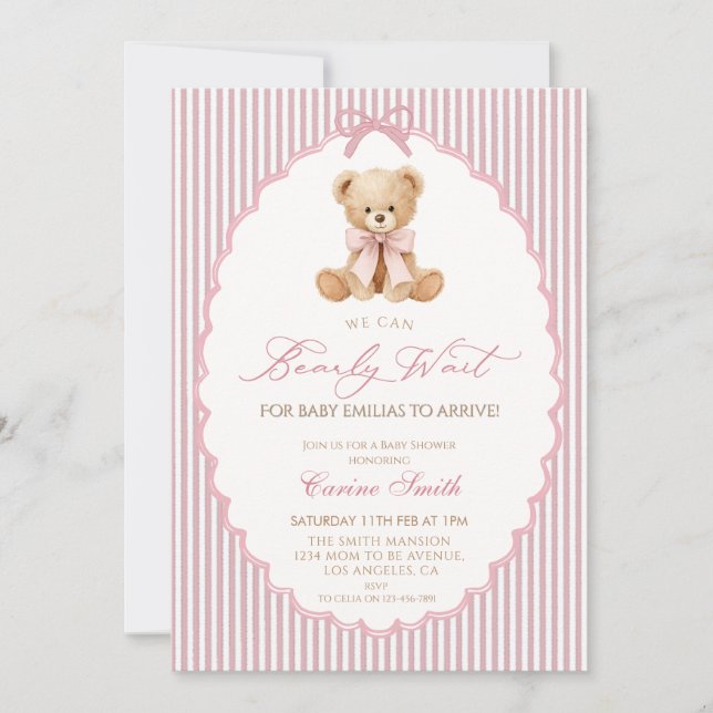 Convite We Can Bearly Wait pink bow girl Baby Shower (Frente)
