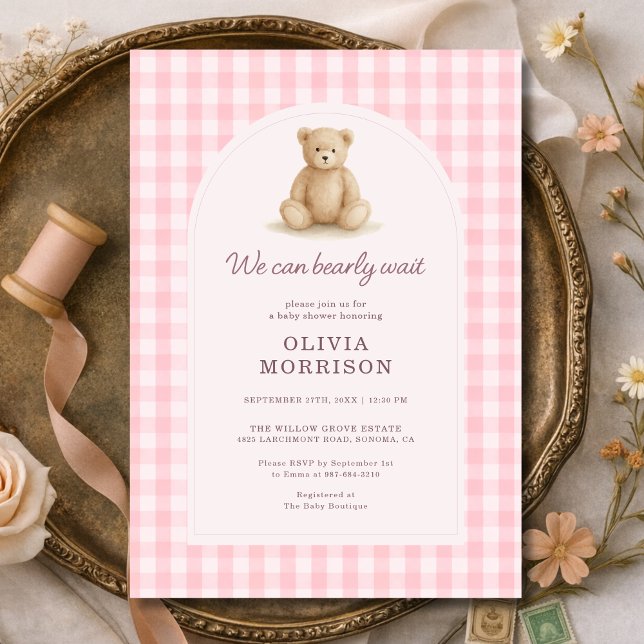 Convite We Can Bearly Wait Pink Gingham Baby Shower (Criador carregado)