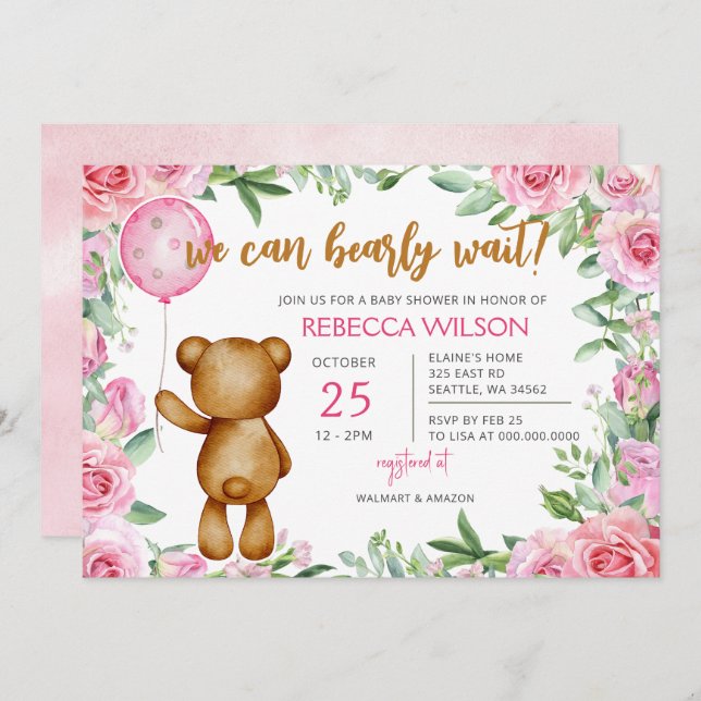 Convite We Can Bearly Wait Pink Girl Baby Shower (Frente/Verso)