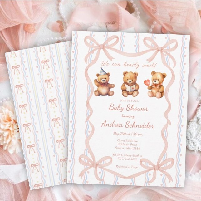 Convite We Can Bearly Wait Pink Lace Ribbon Baby Shower (Criador carregado)
