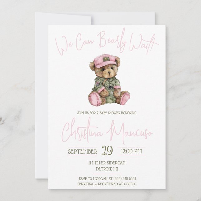 Convite We Can Bearly Wait! Pink Military Bear Baby Shower (Frente)