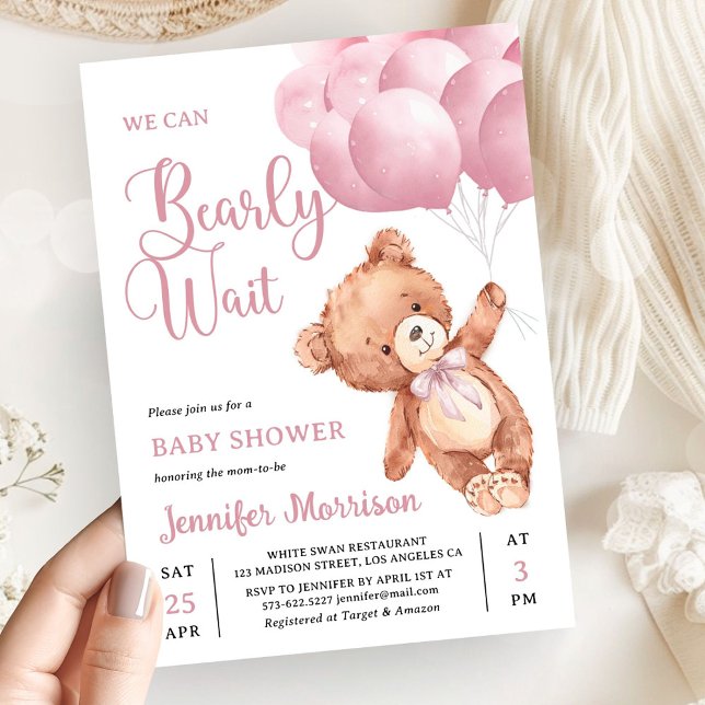 Convite We Can Bearly Wait Pink Teddy Bear Baby Shower (Criador carregado)