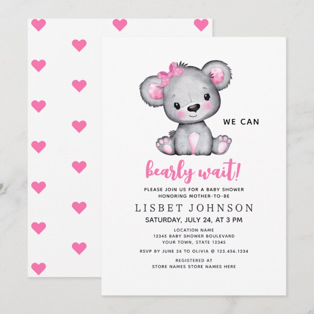 Convite We Can Bearly Wait Pink Teddy Bear Baby Shower (Frente/Verso)