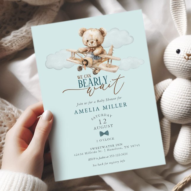 Convite We Can Bearly Wait Teddy Airplane Blue Baby Shower (We Can Bearly Wait Teddy Airplane Blue Baby Shower Invitation)