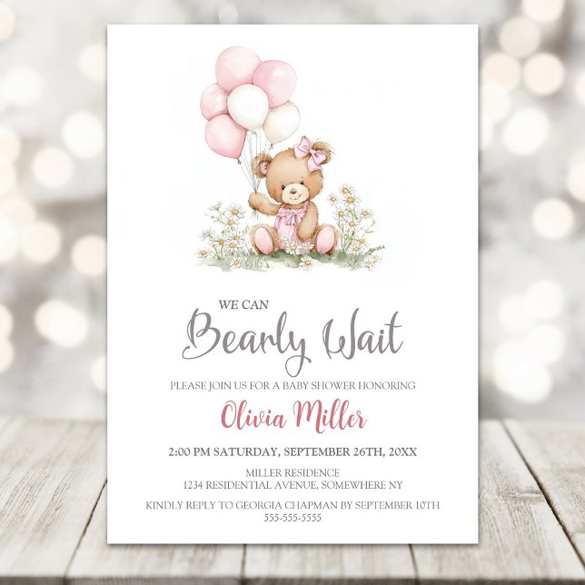 Convite We Can Bearly Wait Teddy Bear Baby Girl Shower (Criador carregado)