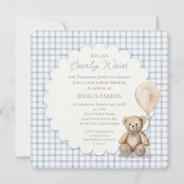 Convite We Can Bearly Wait Teddy Bear Baby Shower Boy  (Frente)