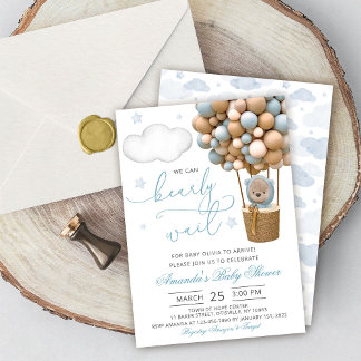 Convite We Can Bearly Wait Teddy Bear Balloon Baby Shower