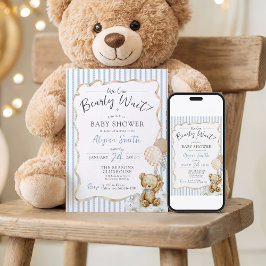 Convite We Can Bearly Wait Teddy Bear Blue Baby Boy Shower