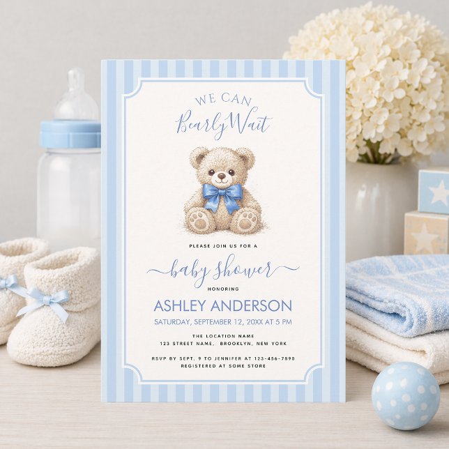 Convite We Can Bearly Wait Teddy Bear Blue Bow Baby Shower (Criador carregado)