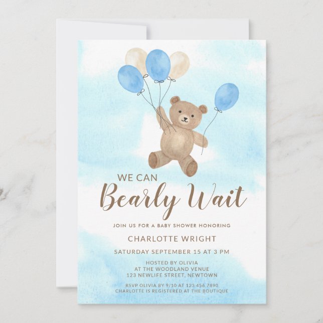 Convite We Can Bearly Wait Teddy Bear Boy Baby Shower (Frente)