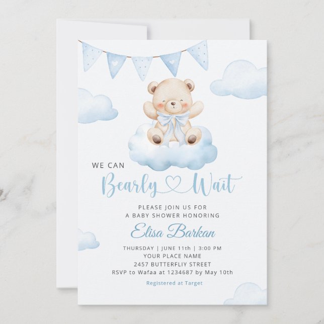 Convite We Can Bearly Wait Teddy Bear Boy Baby Shower (Frente)