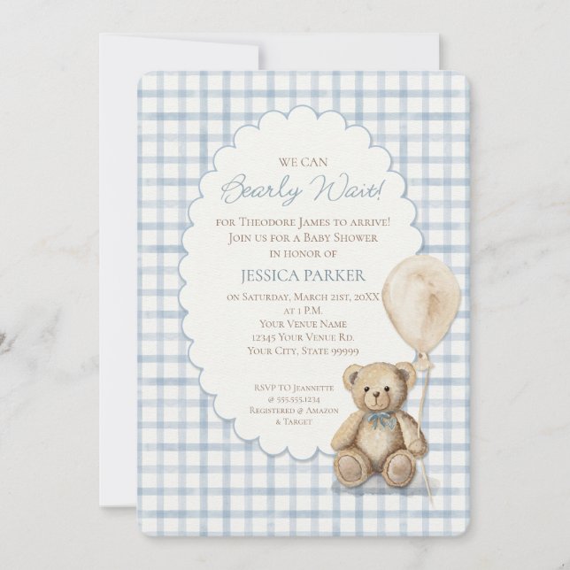 Convite We Can Bearly Wait Teddy Bear Boy Baby Shower (Frente)