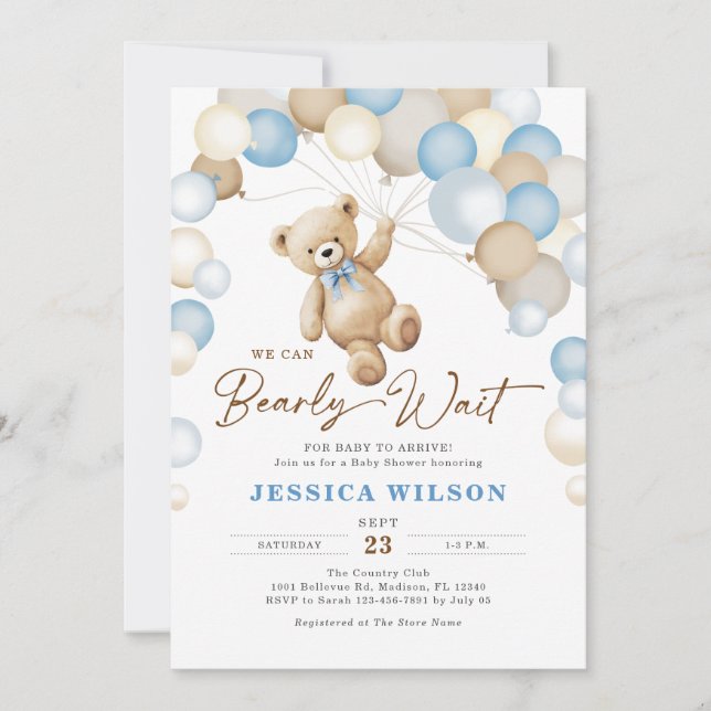 Convite We Can Bearly Wait Teddy Bear Boy Baby Shower (Frente)