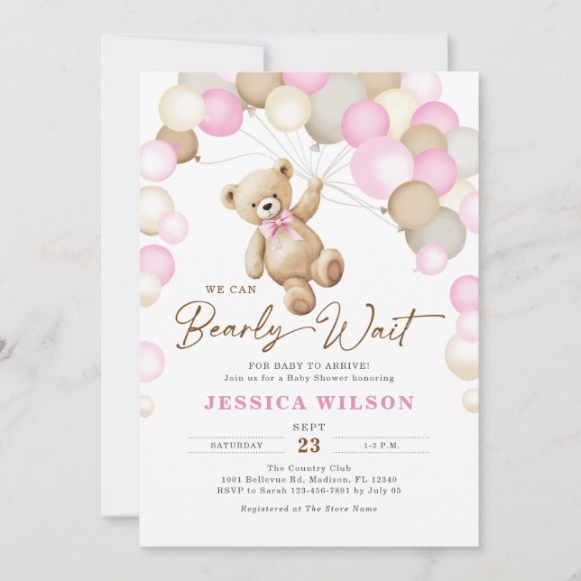 Convite We Can Bearly Wait Teddy Bear Girl Baby Shower (Frente)